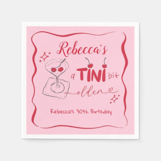 ピンクレトロさくらんぼティニビットオールドペーパーナプキン スタンダードカクテルナプキン (正面)