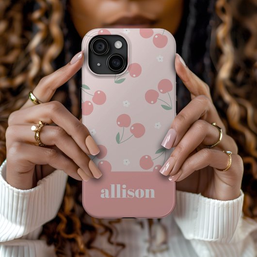 ピンクレトロさくらんぼ名前をカスタムするモノグラム Case-Mate iPhoneケース