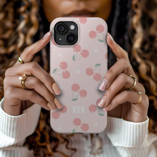 ピンクレトロさくらんぼ名前をカスタムするモノグラム Case-Mate iPhoneケース