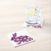 ピンクレトロのウサギと花 スクエアペーパーコースター (インサイチュ)