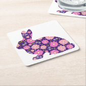 ピンクレトロのウサギと花 スクエアペーパーコースター (アングル)