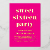 ピンクレトロはっきりしたタイポグラフィスウィート16誕生日 箔招待状 (正面)