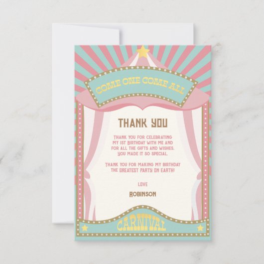 ピンクレトロカーニバル誕生日招待状 サンキューカード (正面)