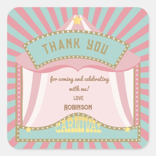 ピンクレトロカーニバル誕生日招待状 スクエアシール (正面)