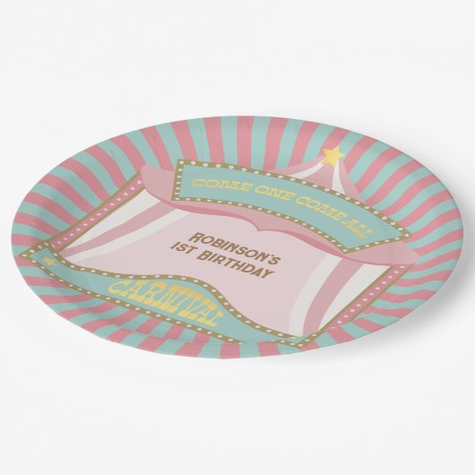 ピンクレトロカーニバル誕生日招待状 ペーパープレート (アングル)