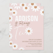 ピンクレトロガールズデイジー2歳の誕生日招待状 招待状 (正面/裏面)