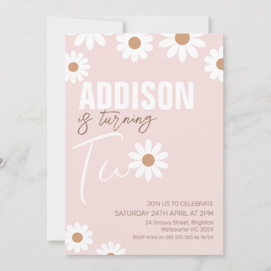 ピンクレトロガールズデイジー2nd誕生日招待状 招待状 (正面)