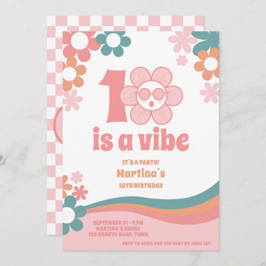 ピンクレトロガール10thバースデーパーティーへの招待 招待状 (正面/裏面)