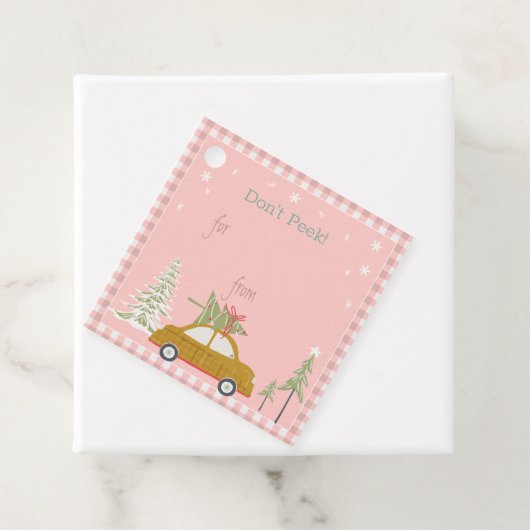 ピンクレトロクリスマスカーウッドランドギフトラベル フェイバータグ (インサイチュ)