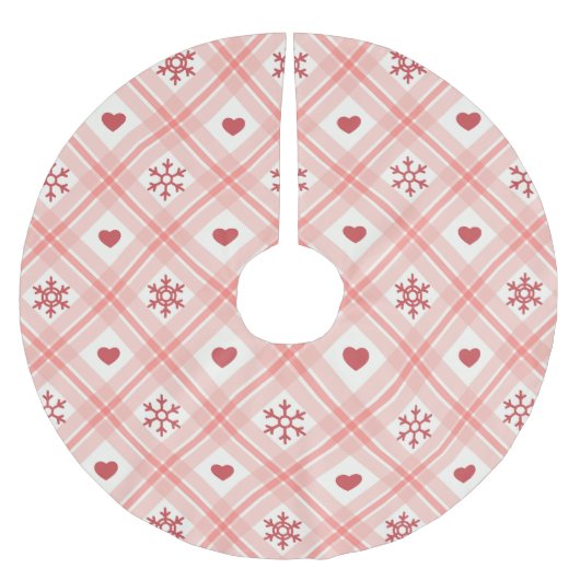 ピンクレトロクリスマススノーフレークとハート ブラッシュドポリエステルツリースカート (正面)