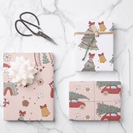 ピンクレトログルービーカークリスマスツリー ラッピングペーパーシート (正面)