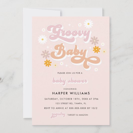 ピンクレトログルービーベイビーシャワー 招待状 (正面)