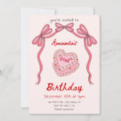 ピンクレトロケーキ及びボウコケット誕生日 招待状 (正面)