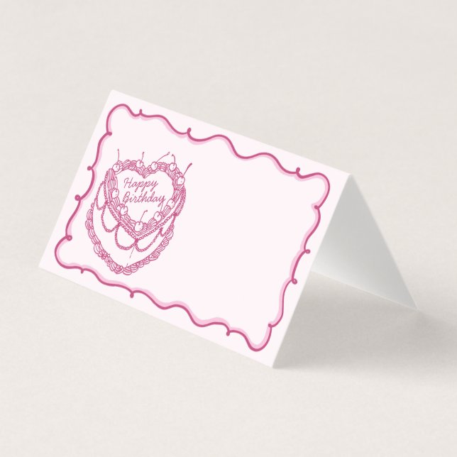 ピンクレトロコケットさくらんぼケーキ誕生日プレイスカード (正面)