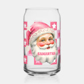 ピンクレトロサンタクロースピンクタータンチェック格子模様クリスマス ガラス缶 (左)