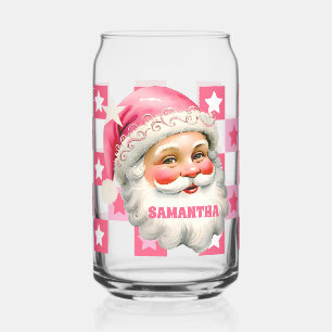 ピンクレトロサンタクロースピンクタータンチェック格子模様クリスマス ガラス缶