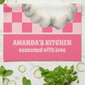 ピンクレトロサンタクロースピンクタータンチェック格子模様クリスマス キッチンタオル (折り畳み)