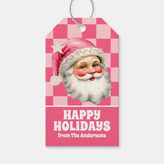 ピンクレトロサンタクロースピンクタータンチェック格子模様クリスマス ギフトタグ (正面)