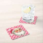 ピンクレトロサンタクロースピンクタータンチェック格子模様クリスマス スクエアペーパーコースター (インサイチュ)