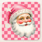 ピンクレトロサンタクロースピンクタータンチェック格子模様クリスマス スクエアペーパーコースター (正面)