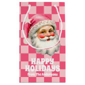 ピンクレトロサンタクロースピンクタータンチェック格子模様クリスマス スモールペーパーバッグ (裏面)