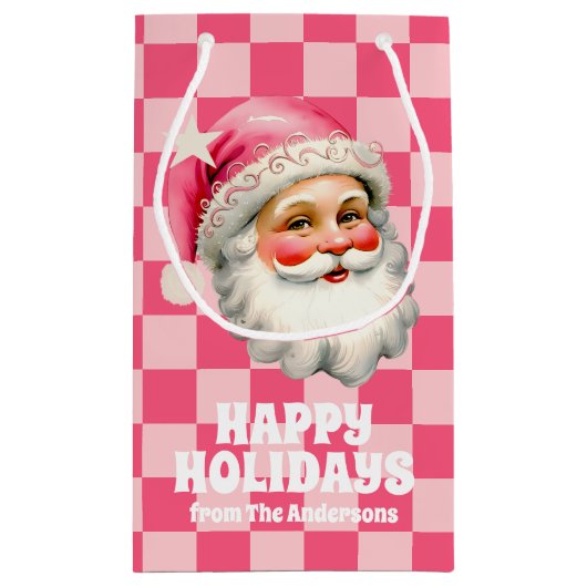 ピンクレトロサンタクロースピンクタータンチェック格子模様クリスマス スモールペーパーバッグ (裏面)