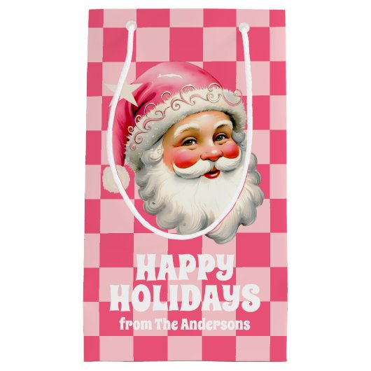 ピンクレトロサンタクロースピンクタータンチェック格子模様クリスマス スモールペーパーバッグ (正面)