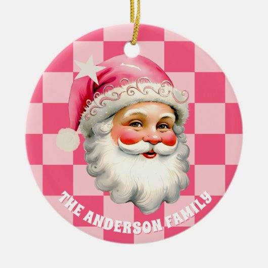 ピンクレトロサンタクロースピンクタータンチェック格子模様クリスマス セラミックオーナメント (正面)