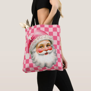 ピンクレトロサンタクロースピンクタータンチェック格子模様クリスマス トートバッグ