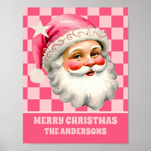 ピンクレトロサンタクロースピンクタータンチェック格子模様クリスマス ポスター (正面)