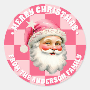 ピンクレトロサンタクロースピンクタータンチェック格子模様クリスマス ラウンドシール