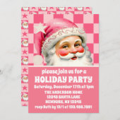 ピンクレトロサンタクロースピンクタータンチェック格子模様クリスマス 招待状 (正面/裏面)
