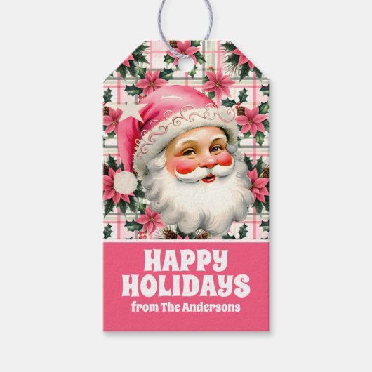 ピンクレトロサンタクロースフローラプレイド ギフトタグ (正面)