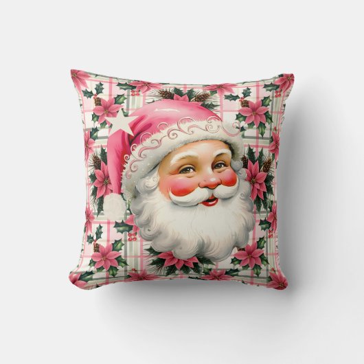 ピンクレトロサンタクロースフローラプレイド クッション (正面)