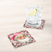 ピンクレトロサンタクロースフローラプレイド スクエアペーパーコースター (インサイチュ)