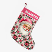 ピンクレトロサンタクロースフローラプレイド スモールクリスマスストッキング (正面 (吊り時))