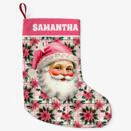 ピンクレトロサンタクロースフローラプレイド スモールクリスマスストッキング