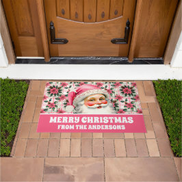 ピンクレトロサンタクロースフローラプレイド ドアマット