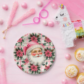 ピンクレトロサンタクロースフローラプレイド ペーパープレート (パーティー)
