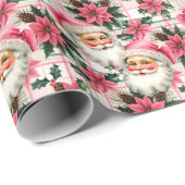 ピンクレトロサンタクロースフローラプレイド ラッピングペーパー (ロールコーナー)