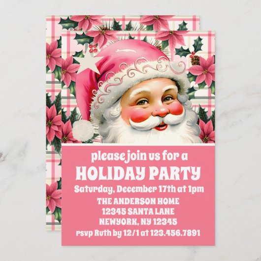 ピンクレトロサンタクロースフローラ格子模様クリスマス 招待状 (正面/裏面)