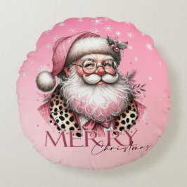 ピンクレトロサンタクロースヴィンテージメリークリスマス ラウンドクッション