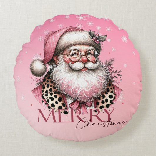 ピンクレトロサンタクロースヴィンテージメリークリスマス ラウンドクッション (正面)