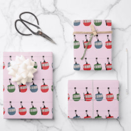 ピンクレトロスキーリフトイラストレーションスキーヤー ラッピングペーパーシート