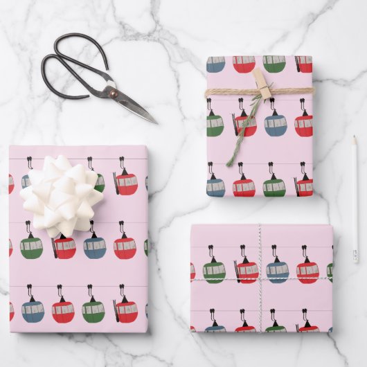 ピンクレトロスキーリフトイラストレーションスキーヤー ラッピングペーパーシート (正面)