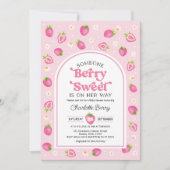 ピンクレトロストロベリーベリースイートベビーガールシャワー 招待状 (正面)