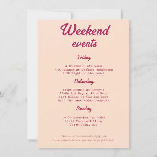 ピンクレトロディスコ70のバチェロレッテ週末 招待状 (裏面)