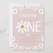 ピンクレトロデイジー最初のバースデーパーティ招待状 招待状 (正面)