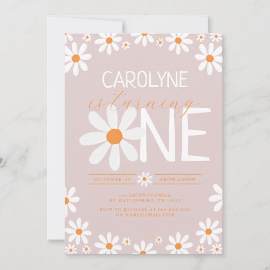 ピンクレトロデイジー最初のバースデーパーティ招待状 招待状 (正面)