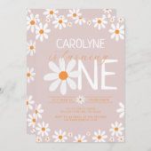 ピンクレトロデイジー最初のバースデーパーティ招待状 招待状 (正面/裏面)